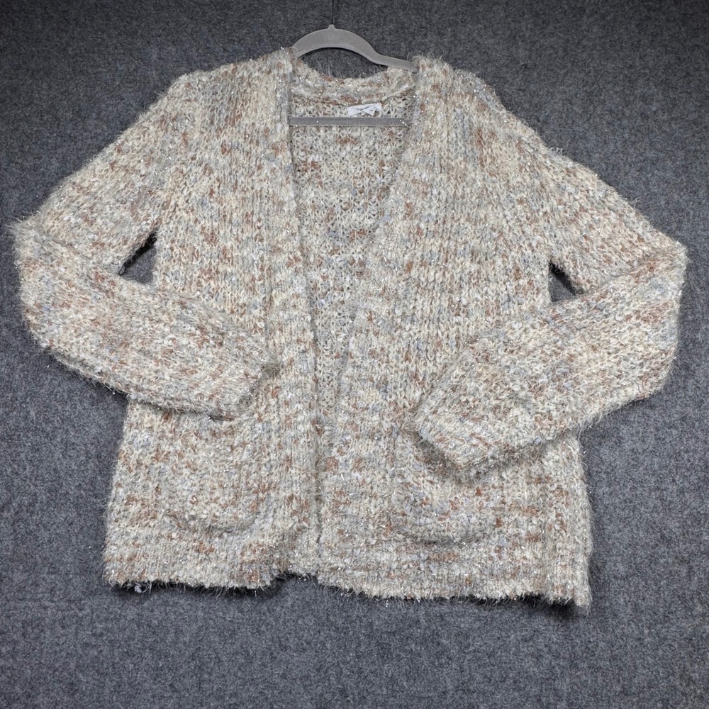 Maurices Women Shimmer Eyelash Knit Cardigan Sweater Tan Cream Grey Large 793595